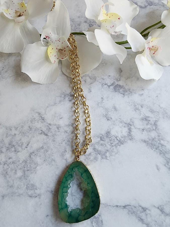 Green Resin Geode Pendant Necklace | Gold-Tone Chain, Statement Jewelry