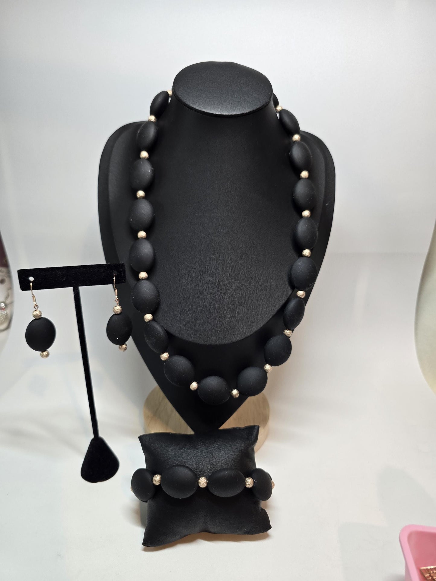 Matte Black Beaded Jewelry Set, Gold Accent, Statement Necklace, Bracelet & Earrings