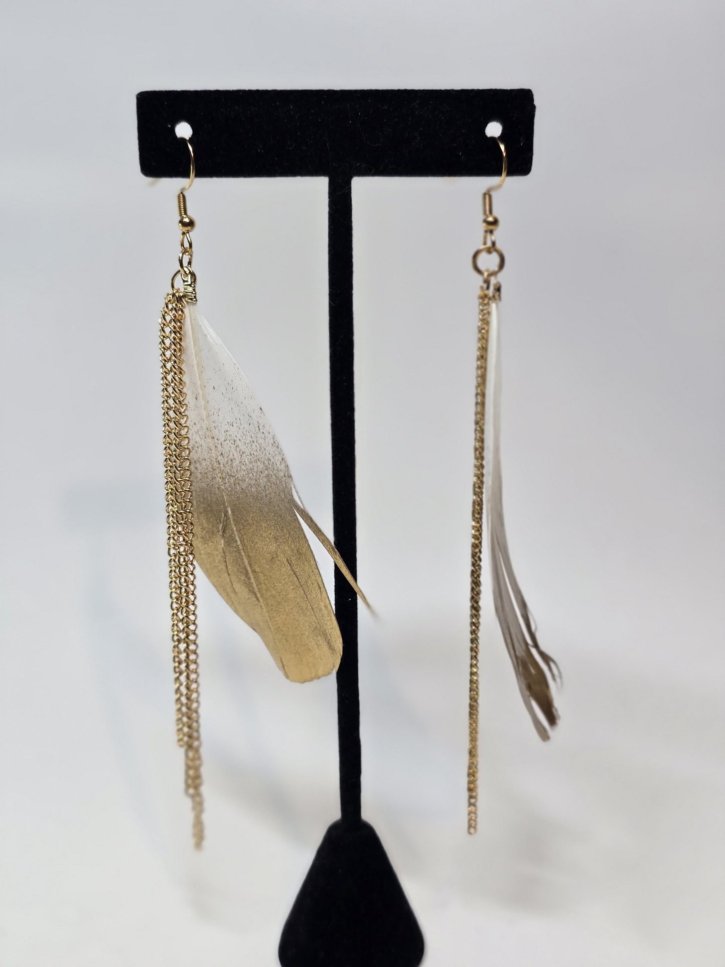 Gold Feather Chain Earrings, Boho Glam Drop Earrings, Lightweight Statement Jewelry