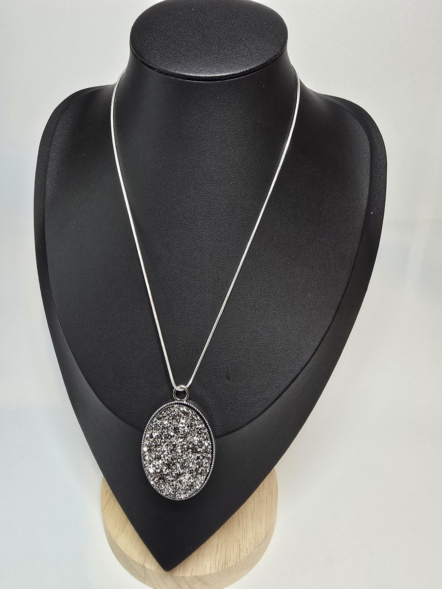 Silver Druzy Pendant Necklace, Oval Glitter Stone, Modern Glam