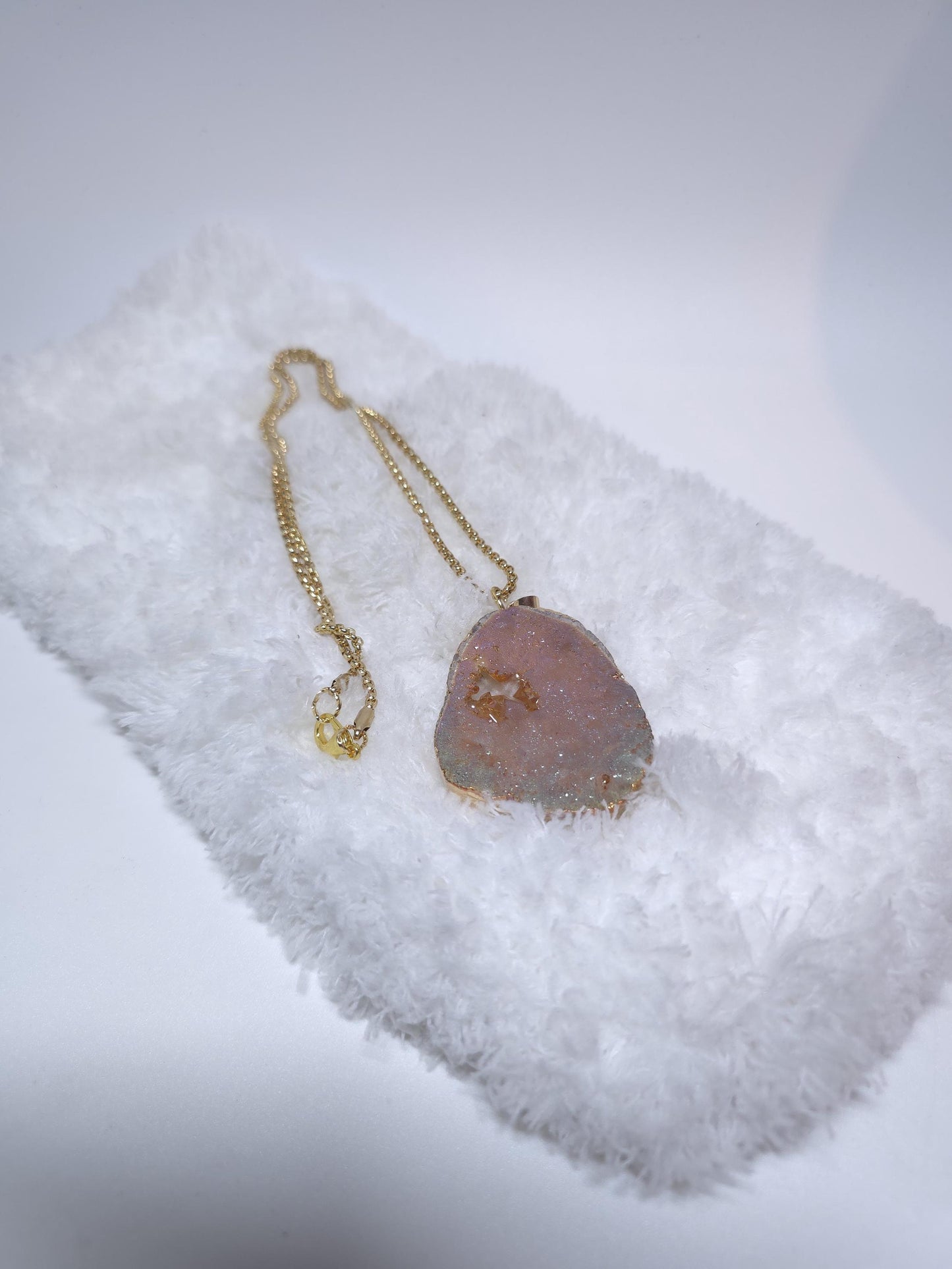 Peach Druzy Pendant Necklace, Iridescent Crystal, Gold Chain