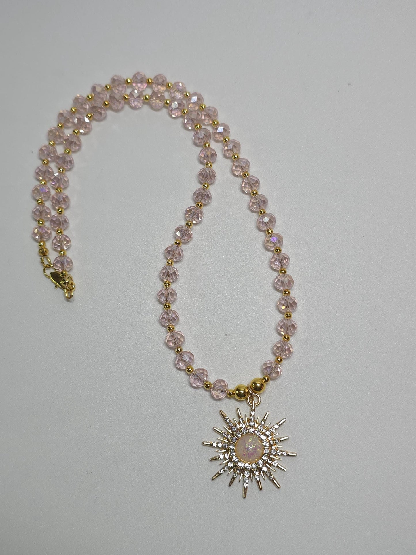 Pink Crystal Beaded Necklace, Gold Sunburst Pendant