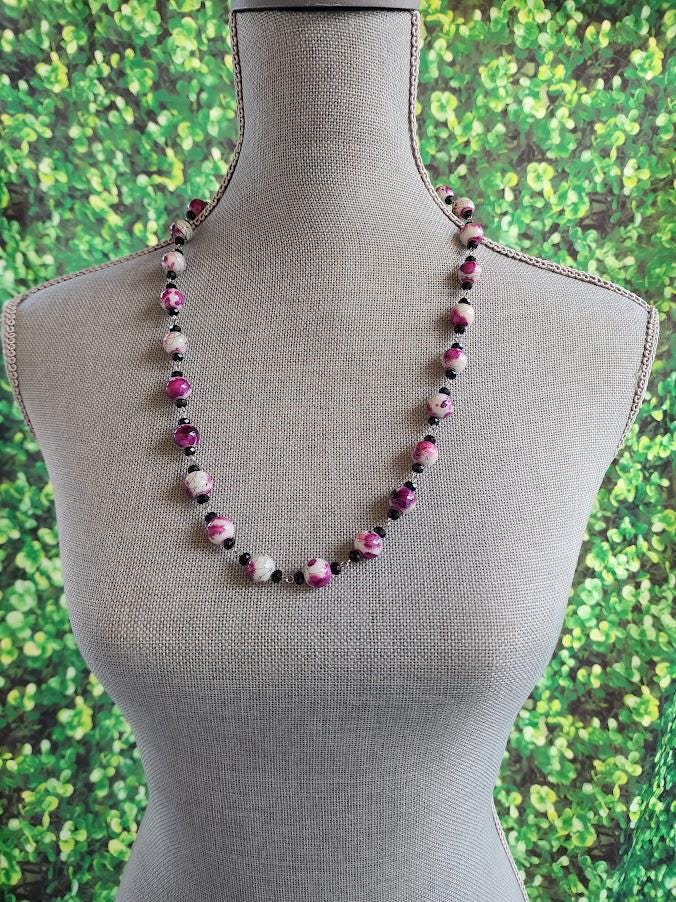 Purple & White Beaded Necklace Set – Handmade Statement Jewelry – One of a Kind Necklace and Earrings