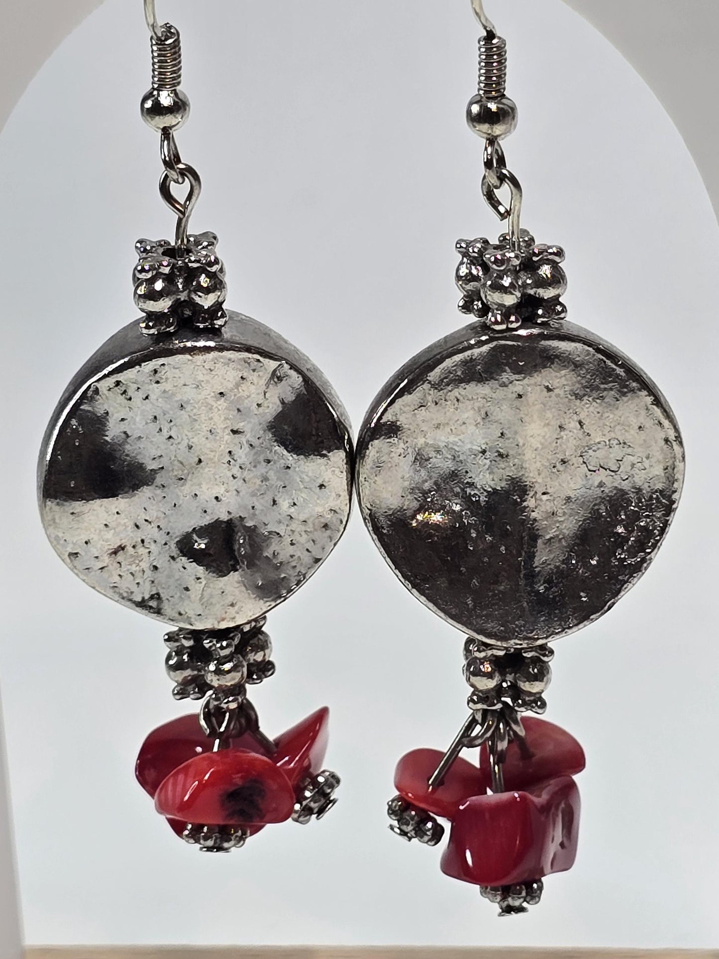 Silver Disc Earrings with Red Chip Beads | Handmade Statement Jewelry | Bold Dangle Earrings
