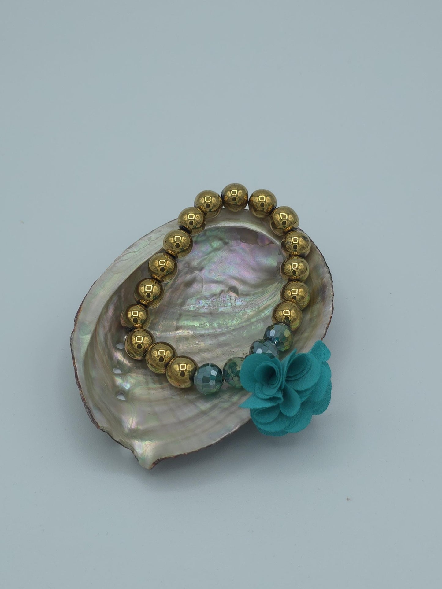 Gold Beaded Bracelet with Teal Flower | Statement Stretch Bracelet