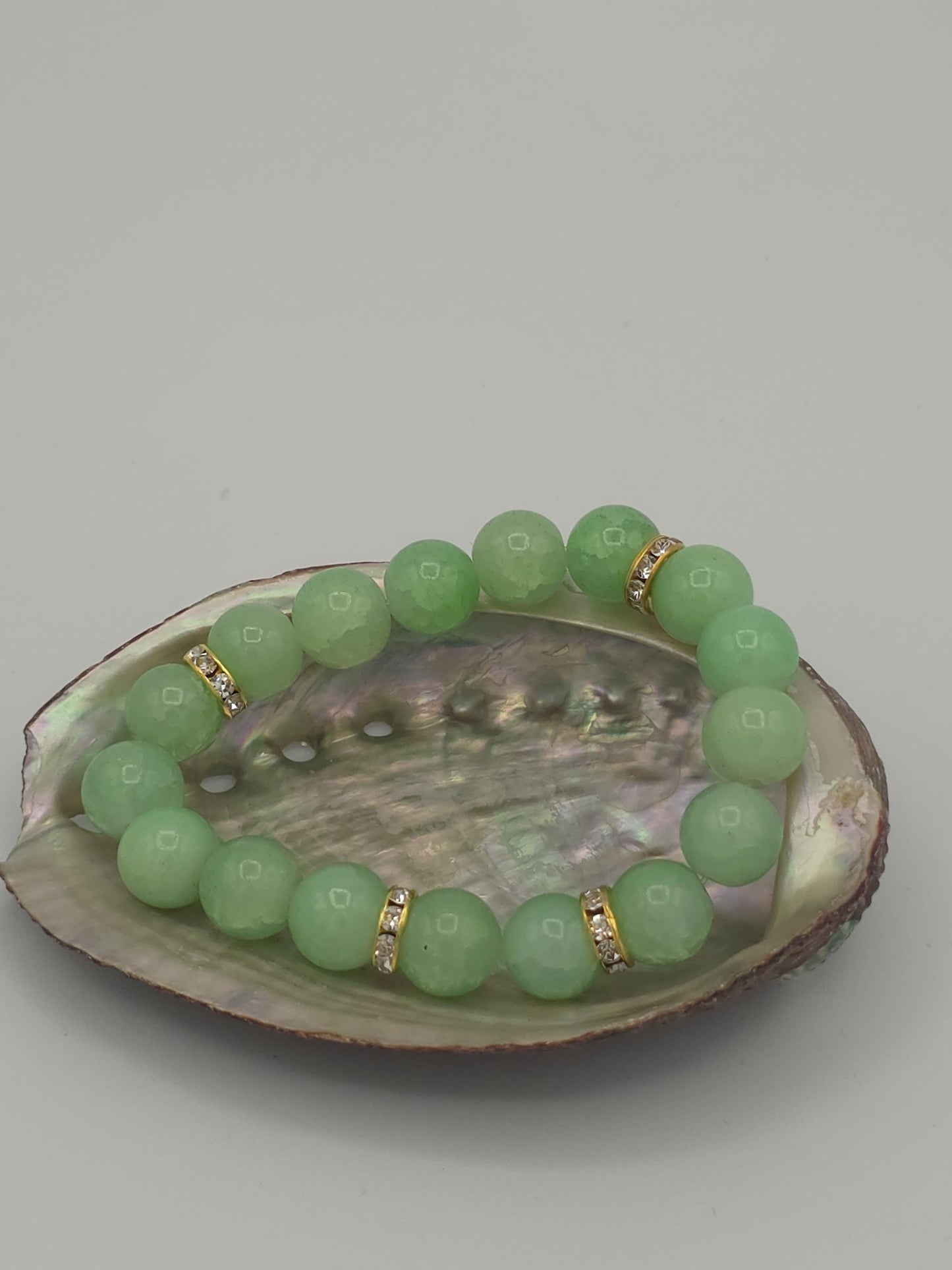 Green Beaded Stretch Bracelet | Jade Inspired Rhinestone Spacer Bracelet | Minimal Luxe Jewelry