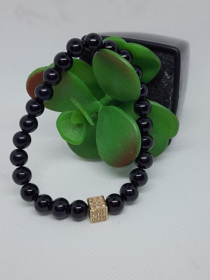 Black Beaded Stretch Bracelet | Gold Rhinestone Accent