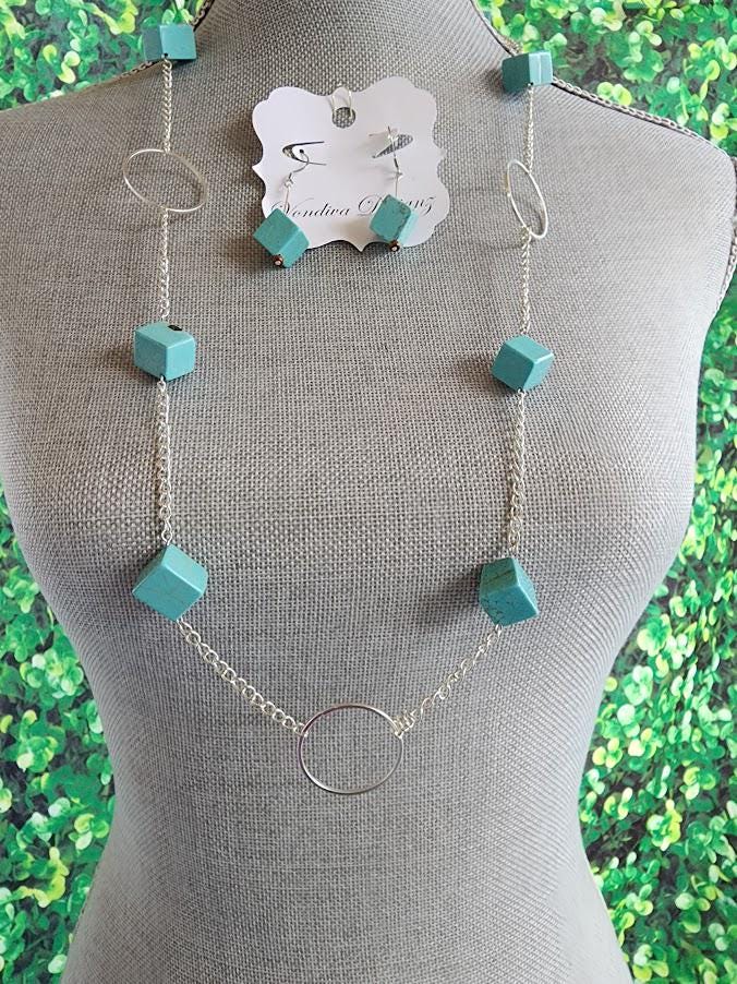 Turquoise Cube Necklace and Earrings Set