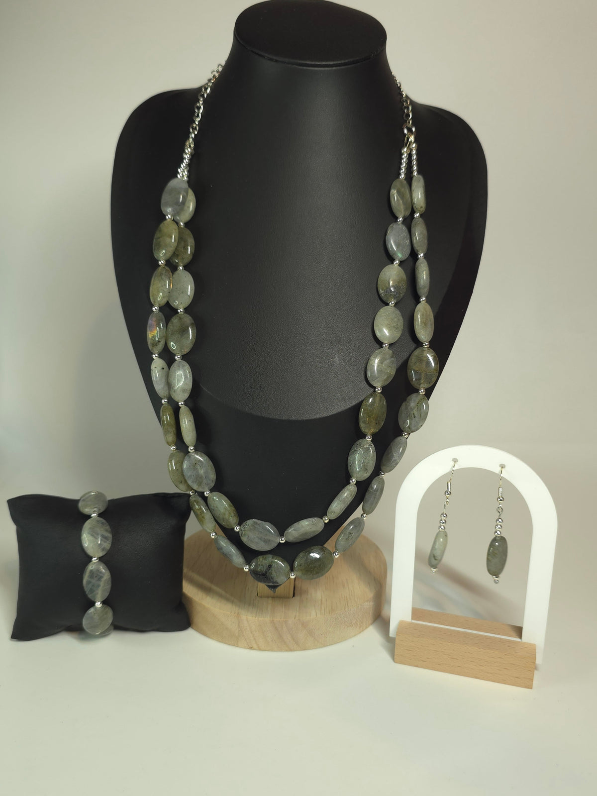 Pink stone beaded necklace and matching drop earrings with rose gold accents