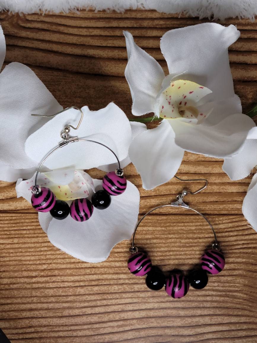 Purple and Black Zebra Bead Hoop Earrings | Bold Handmade Statement Hoops | Colorful Beaded Jewelry