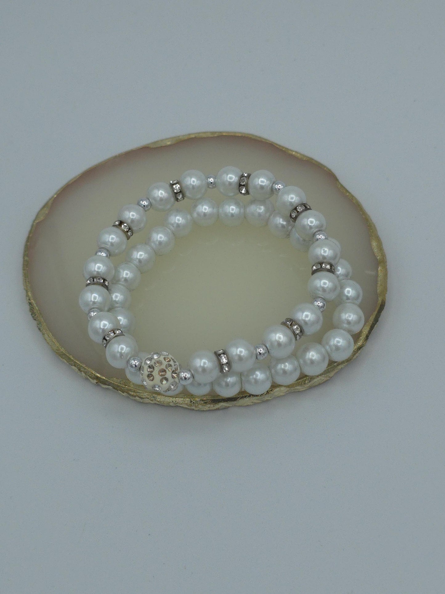 Handmade White Pearl Double Strand Bracelet | Rhinestone Spacers