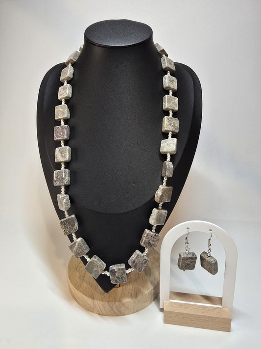 Gray Stone Beaded Necklace – 24 Inch Statement Jewelry