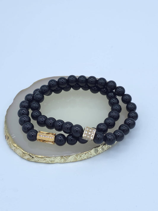 Black Beaded Stretch Bracelet | Gold Rhinestone Accent