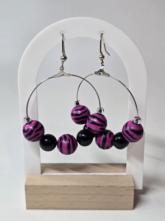 Purple and Black Zebra Bead Hoop Earrings | Bold Handmade Statement Hoops | Colorful Beaded Jewelry