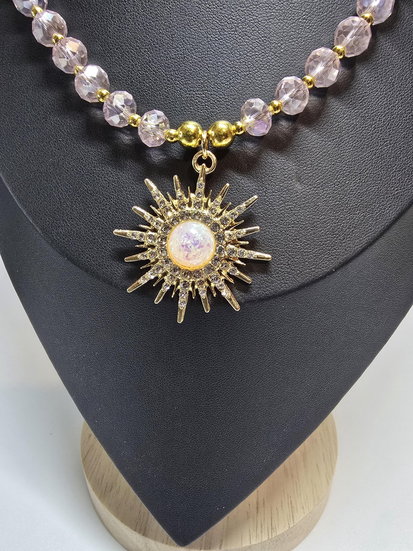 Pink Crystal Beaded Necklace, Gold Sunburst Pendant