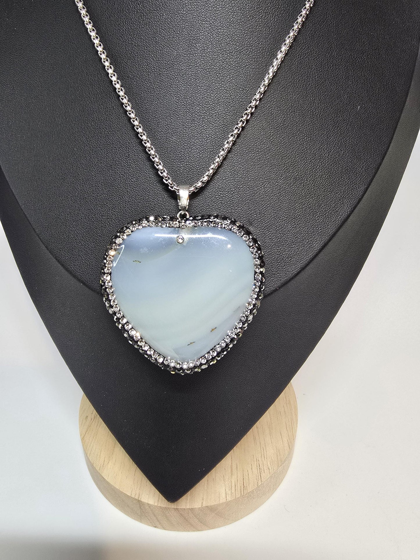 Opal Heart Pendant Necklace, Silver Chain, Crystal Accents