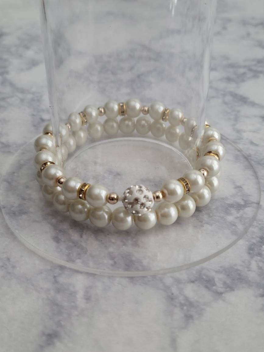 Handmade White Pearl Double Strand Bracelet | Rhinestone Spacers