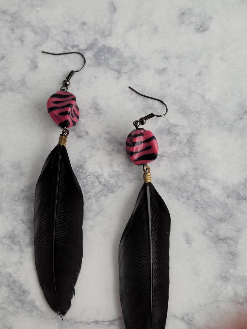 Pink Zebra Bead and Black Feather Earrings | Handmade Feather Dangles | Bold Statement Jewelry