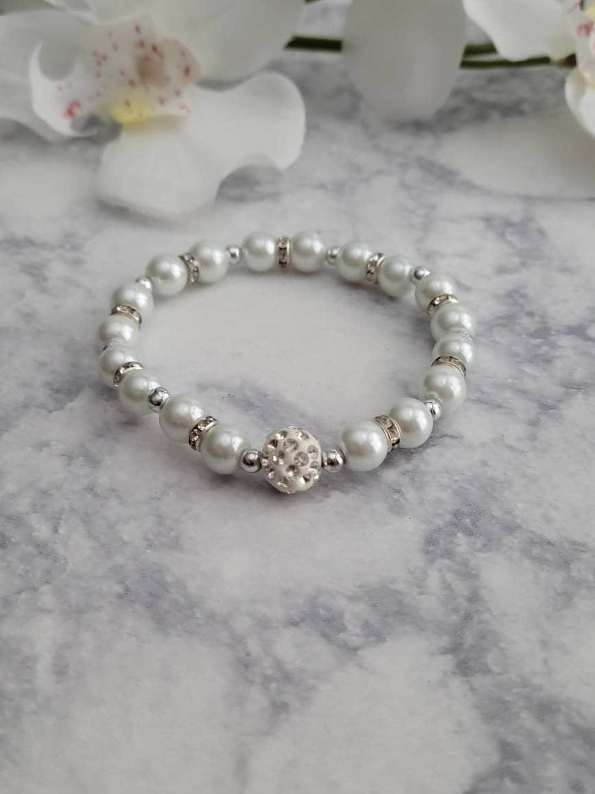 Handmade White Pearl Double Strand Bracelet | Rhinestone Spacers