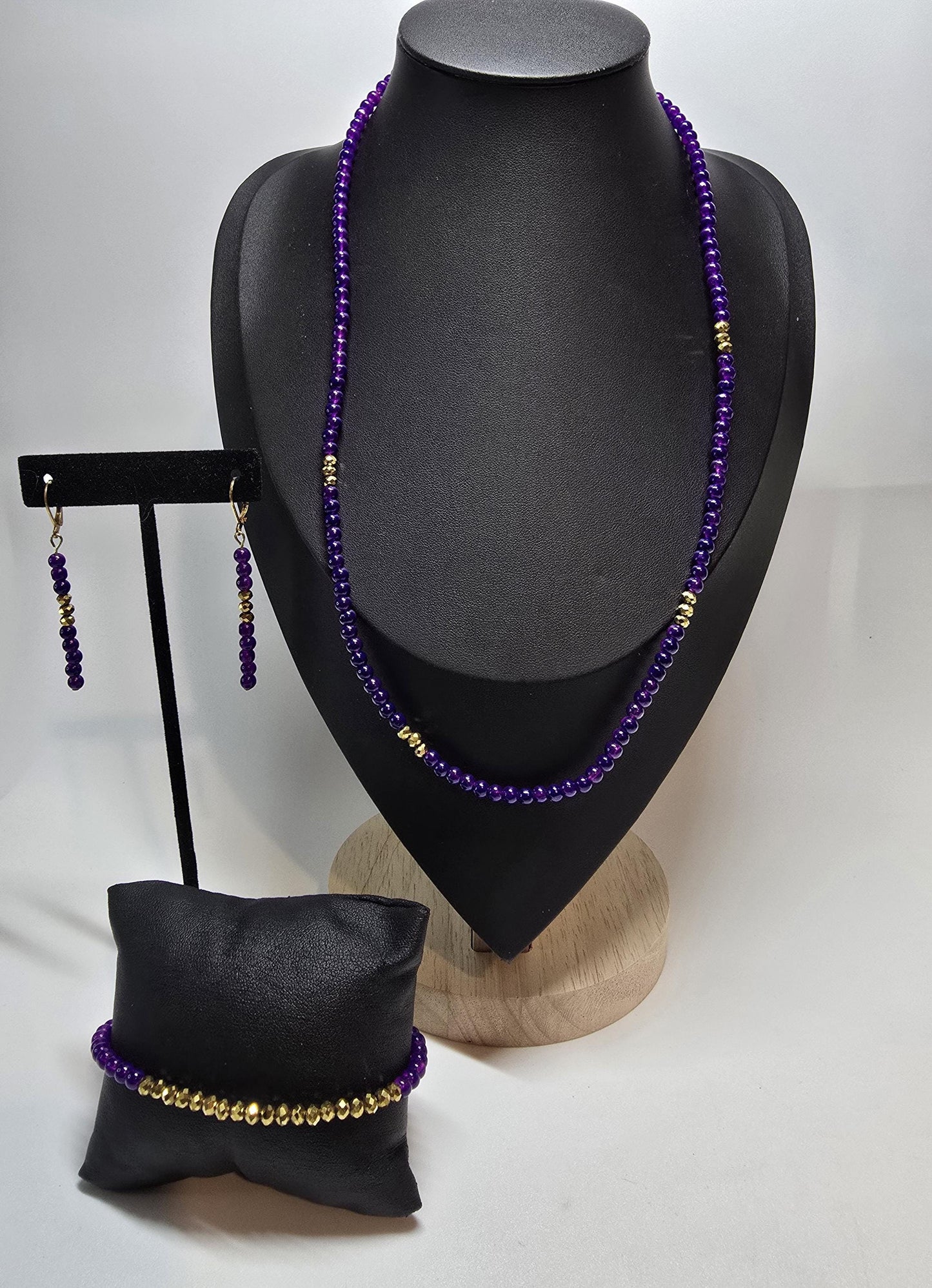 Purple Beaded Jewelry Set, Gold Accent Necklace, Bracelet, Earrings