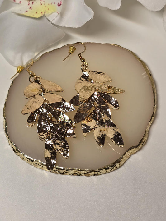 Gold Textured Leaf Statement Earrings | Layered Leaf Dangle | Bold Glam Jewelry | Fashion Forward Gift