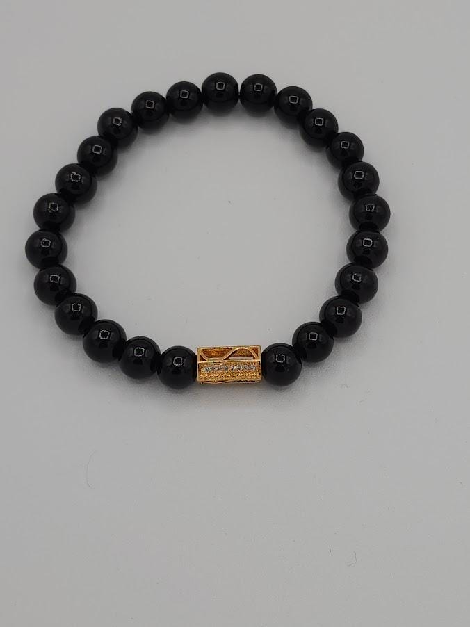 Black Beaded Stretch Bracelet | Gold Rhinestone Accent