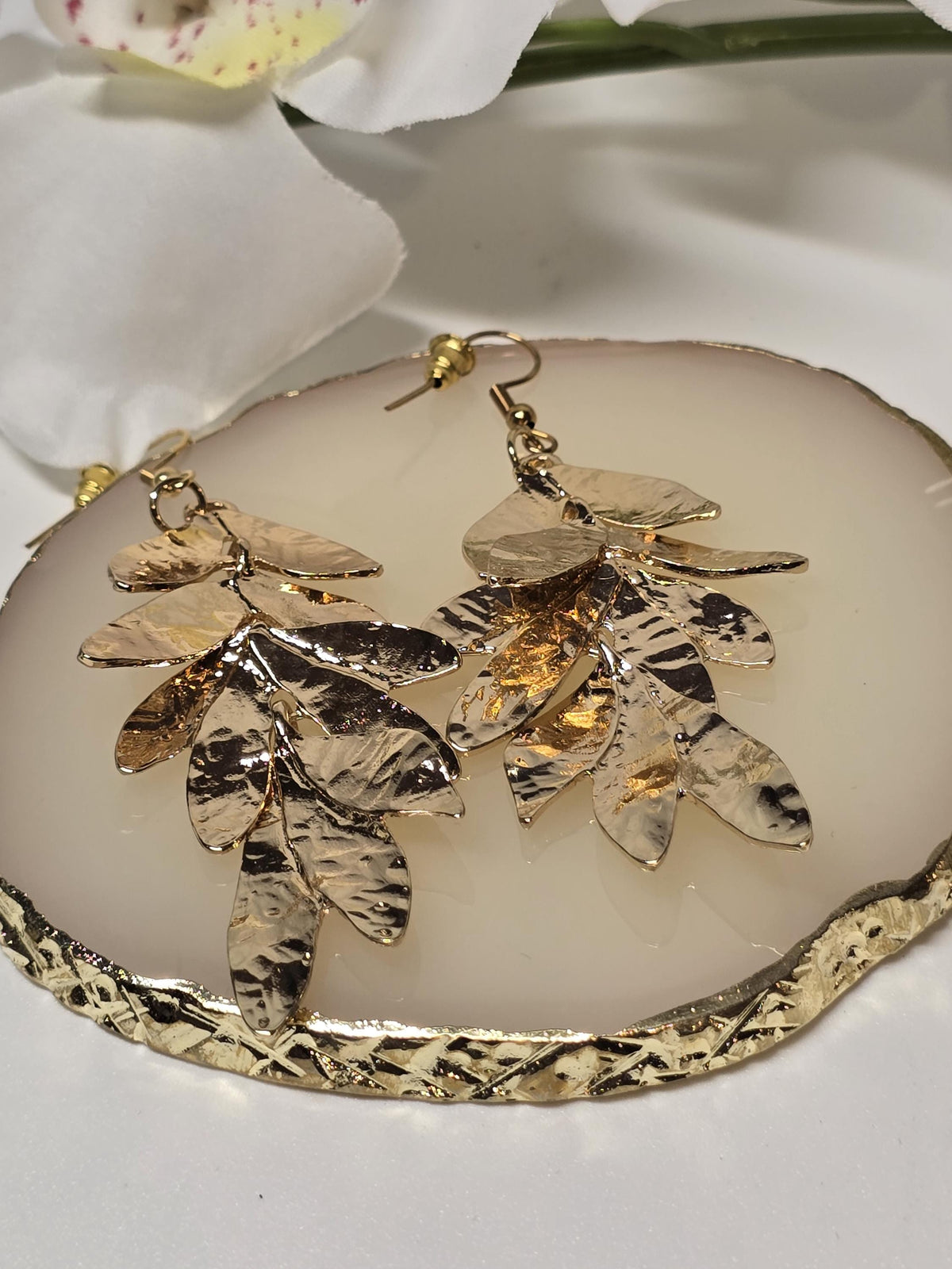 Gold Textured Layered Leaf Earrings