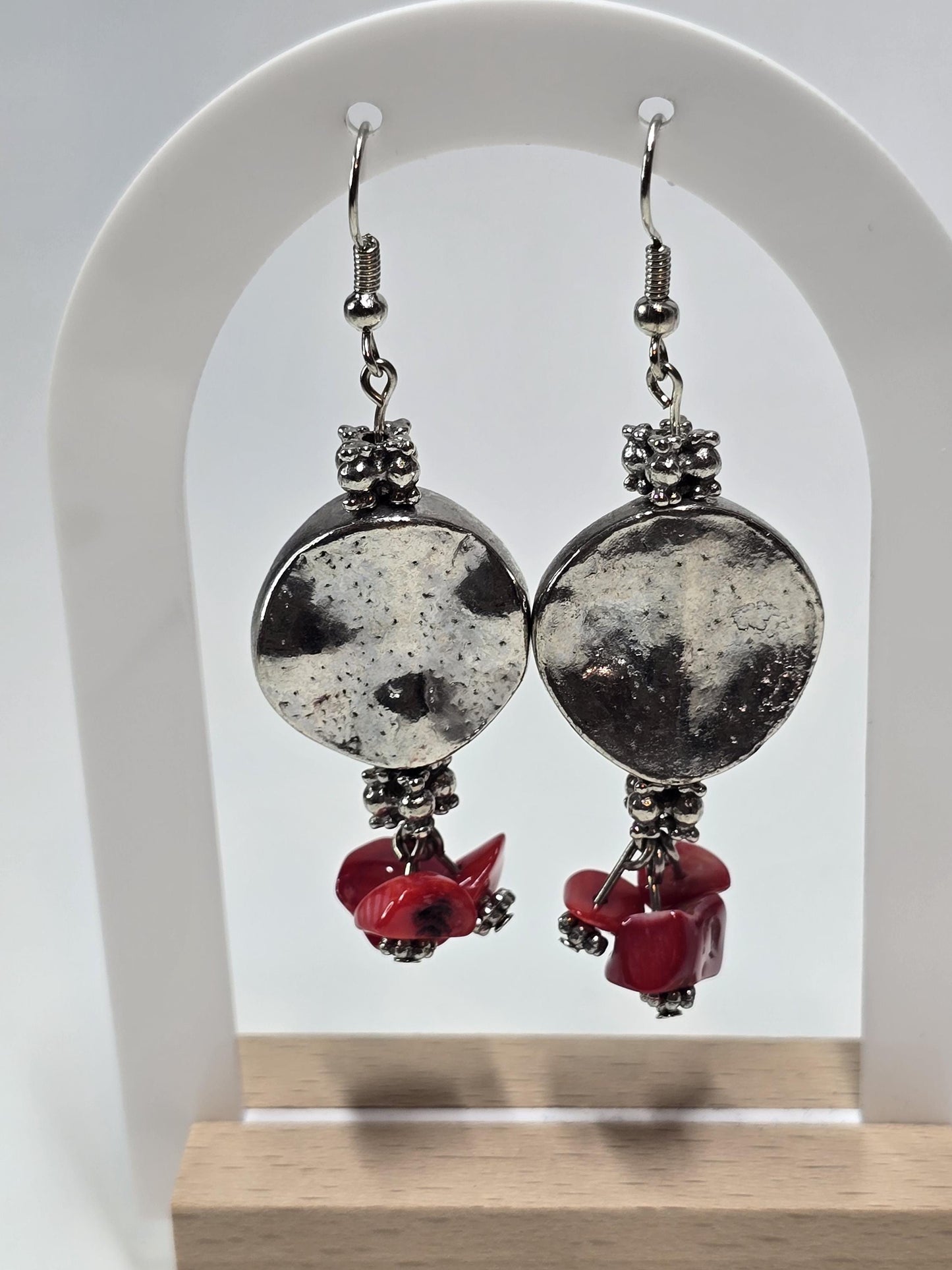 Silver Disc Earrings with Red Chip Beads | Handmade Statement Jewelry | Bold Dangle Earrings