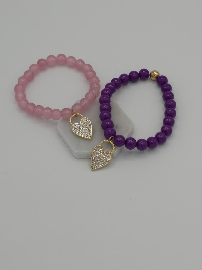 Rhinestone Heart Charm Beaded Bracelet