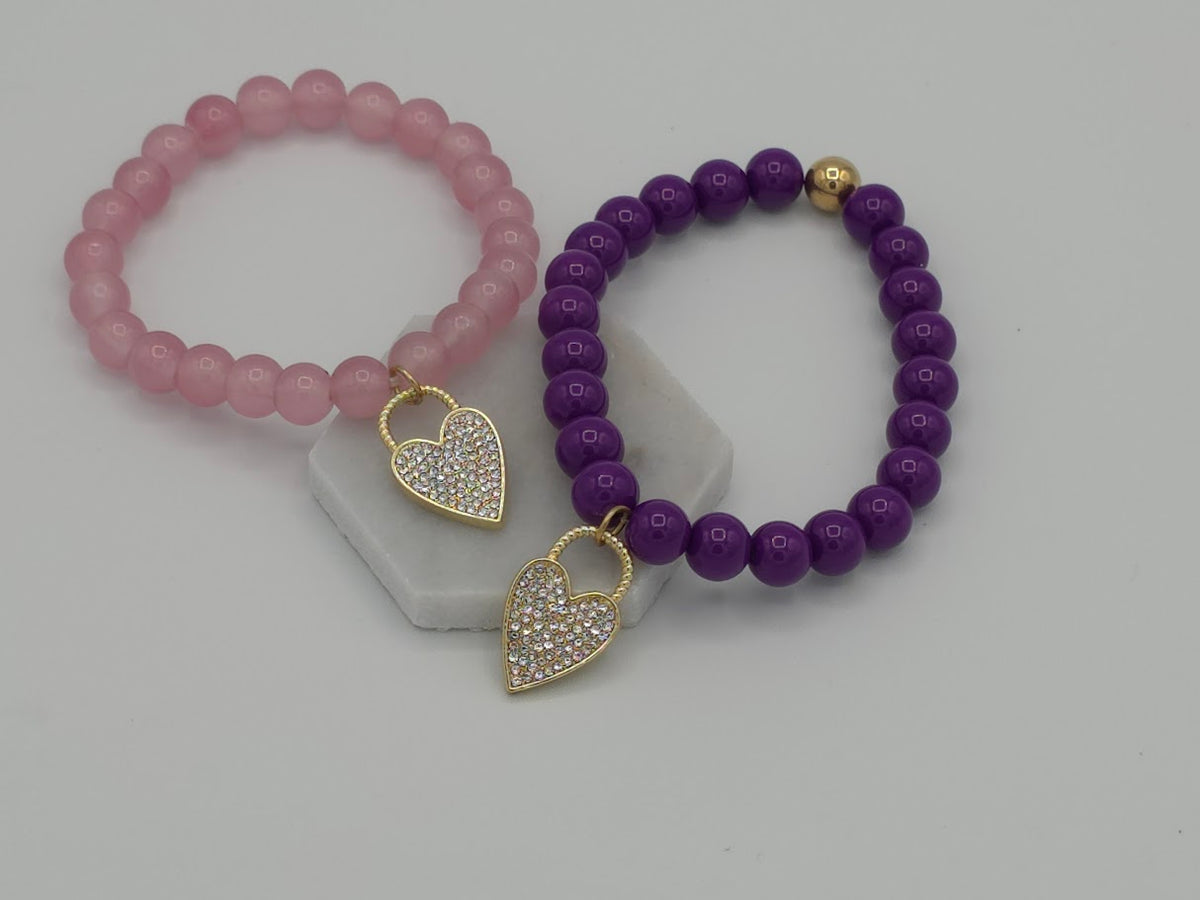 Rhinestone Heart Charm Beaded Bracelet