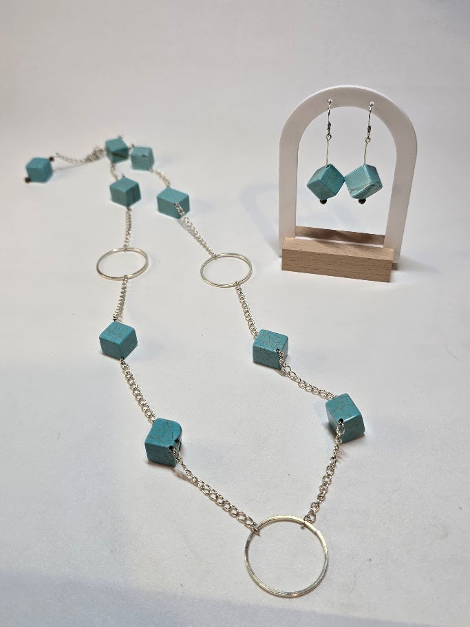 Blue Cube & Silver Chain Jewelry Set.