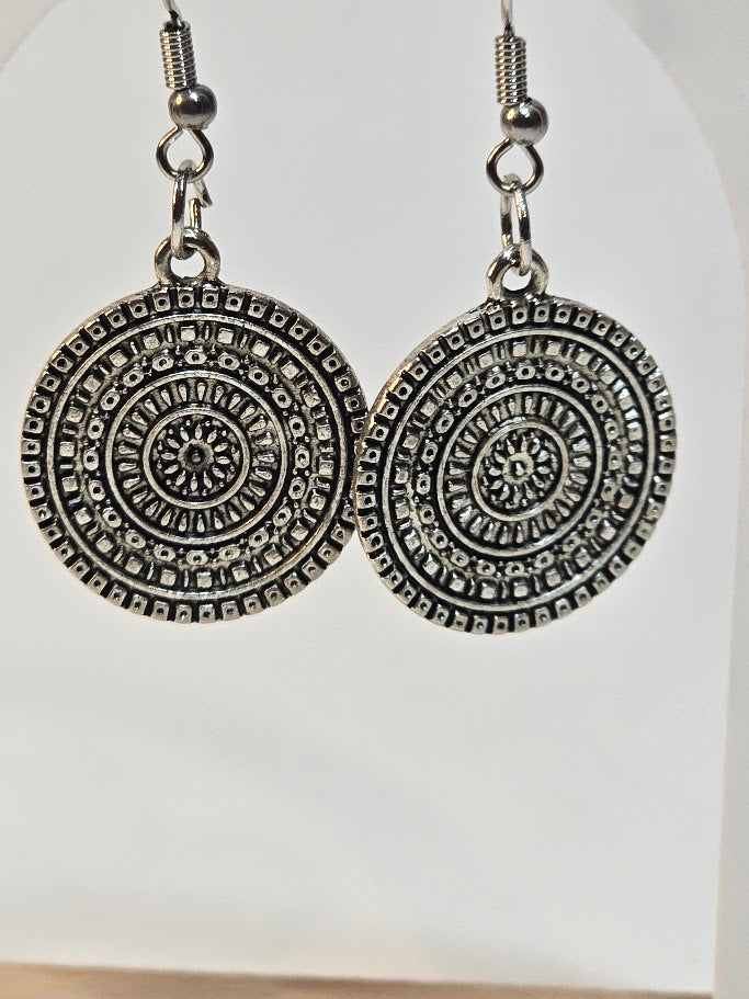 Silver Mandala Disc Earrings