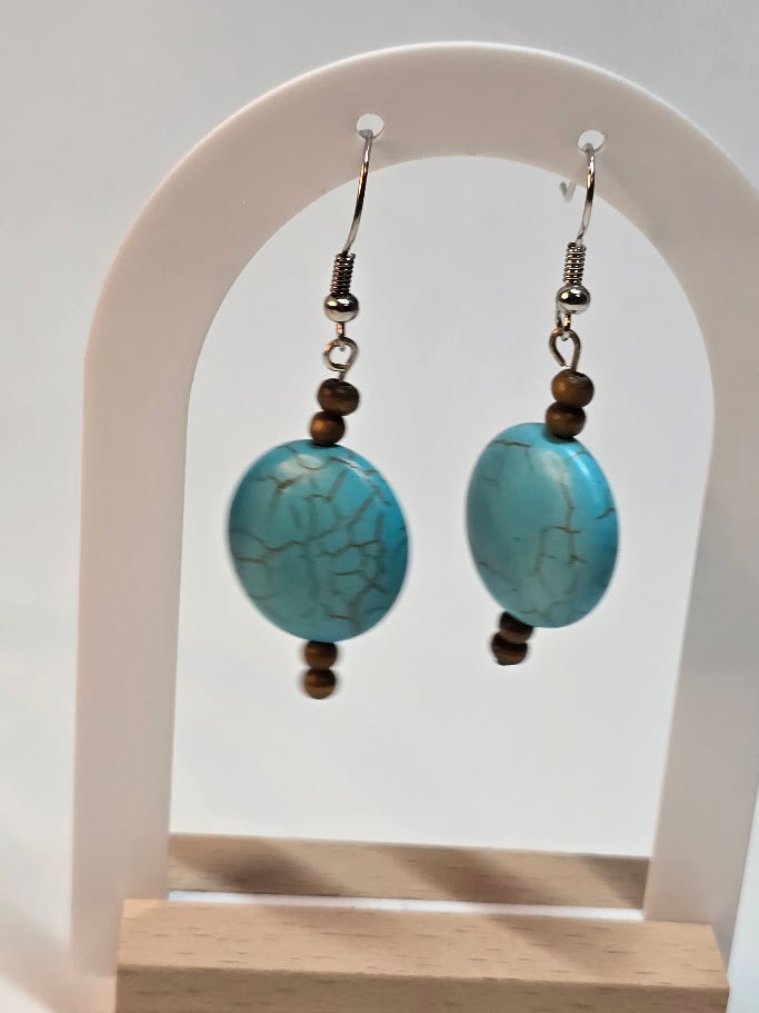 Turquoise-Look Wood Bead Dangle Earrings