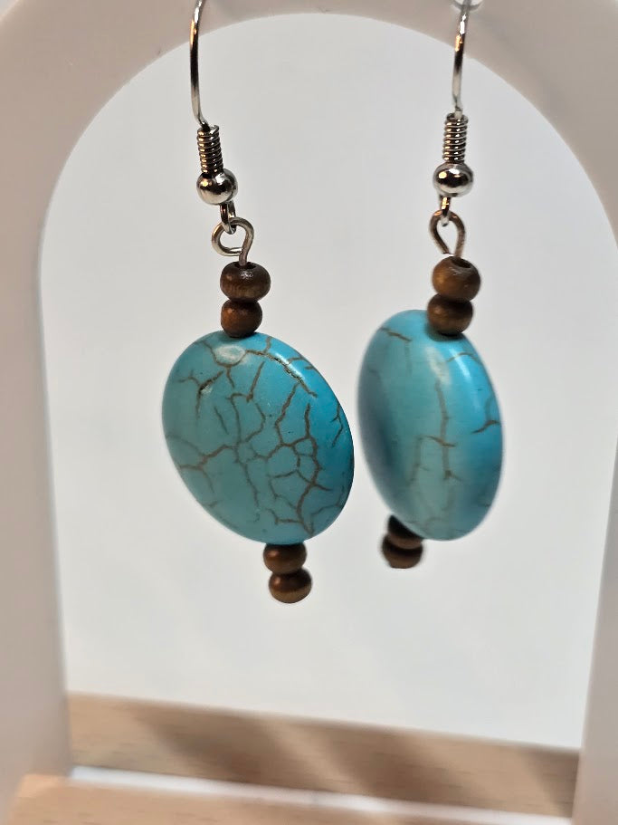 Turquoise-Look Wood Bead Dangle Earrings