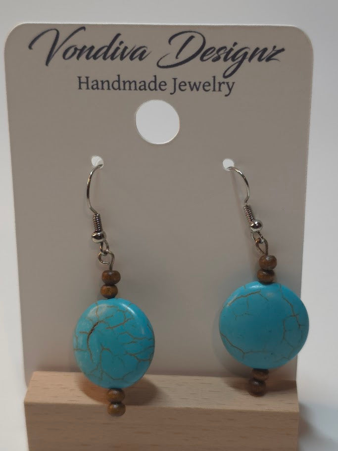 Turquoise-Look Wood Bead Dangle Earrings