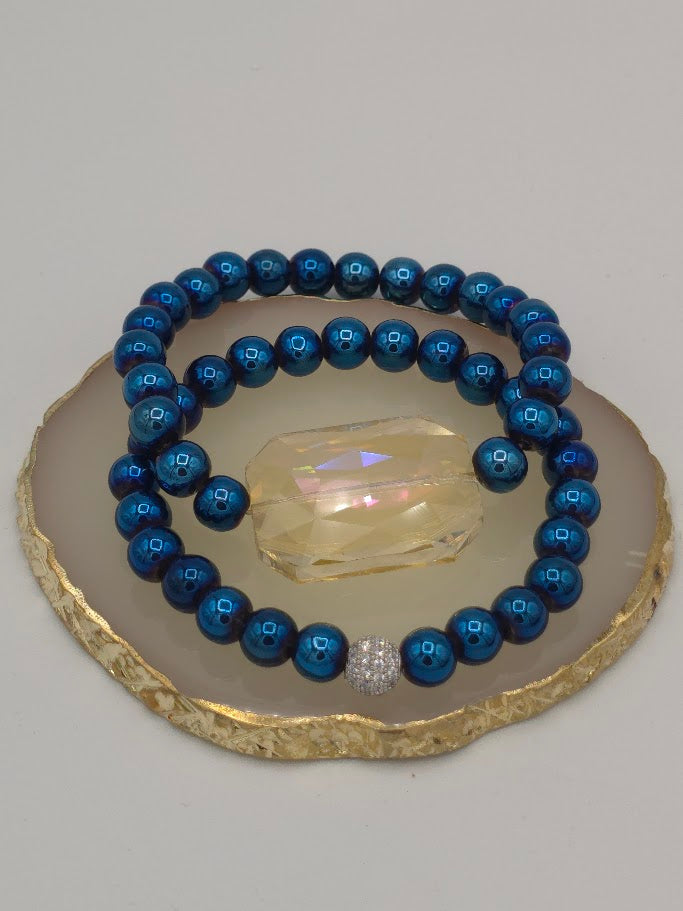 Blue Beaded Crystal Statement Bracelet Set