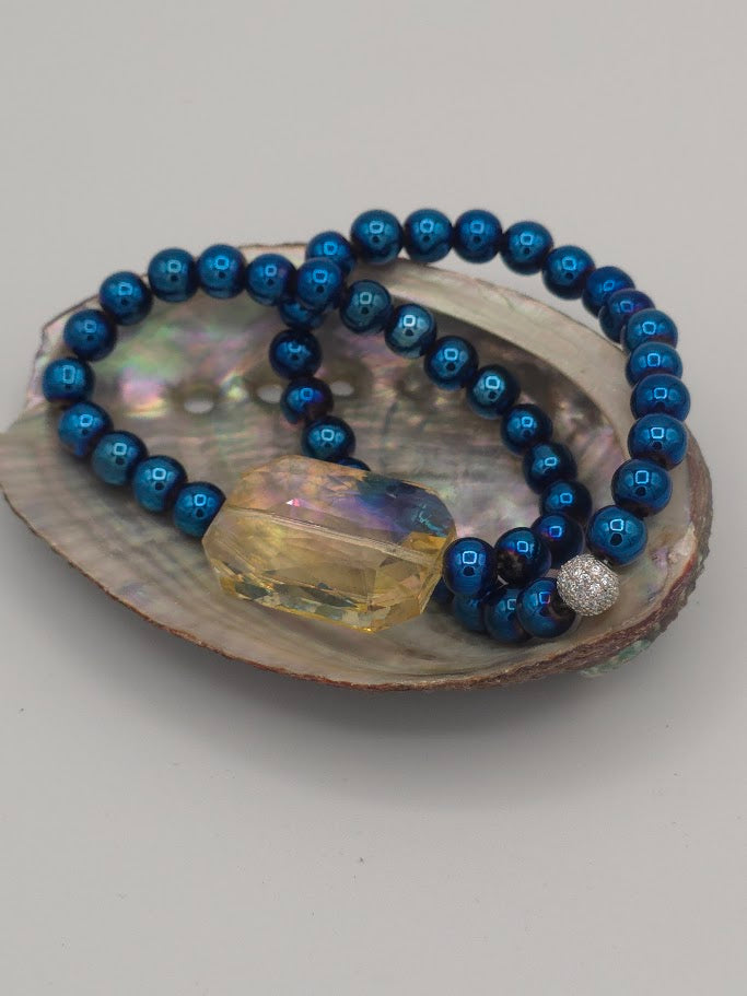 Blue Beaded Crystal Statement Bracelet Set