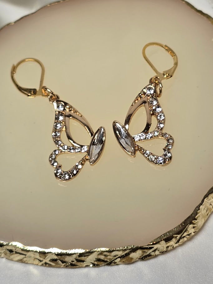 Gold Rhinestone Butterfly Earrings
