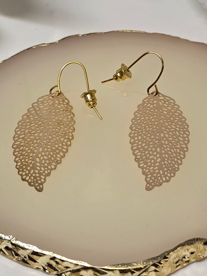 Gold Filigree Leaf Drop Earrings