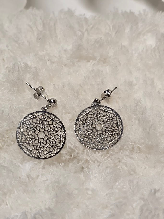 Silver Mandala Drop Earrings