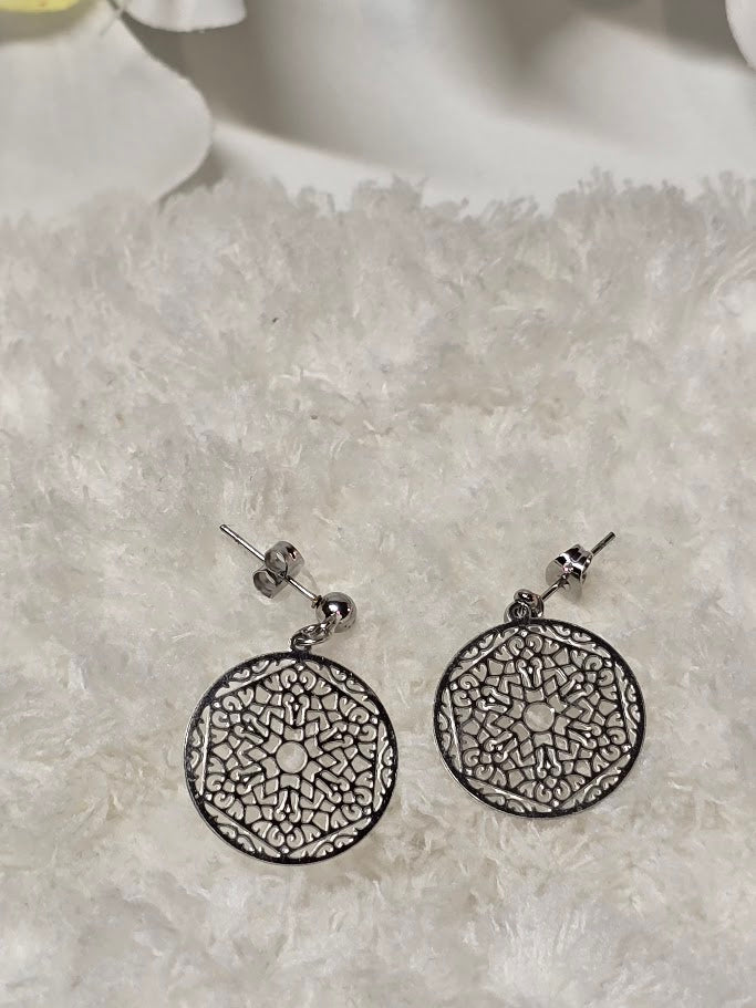 Silver Mandala Drop Earrings