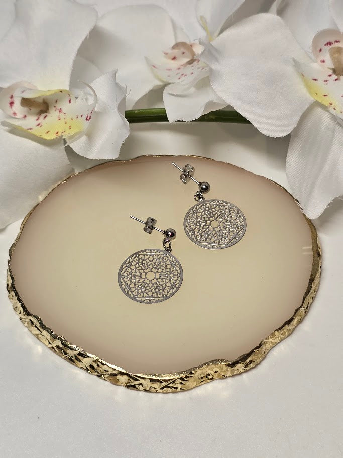 Silver Mandala Drop Earrings