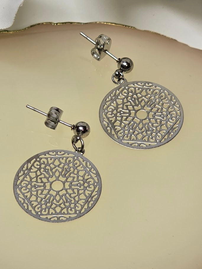 Silver Mandala Drop Earrings