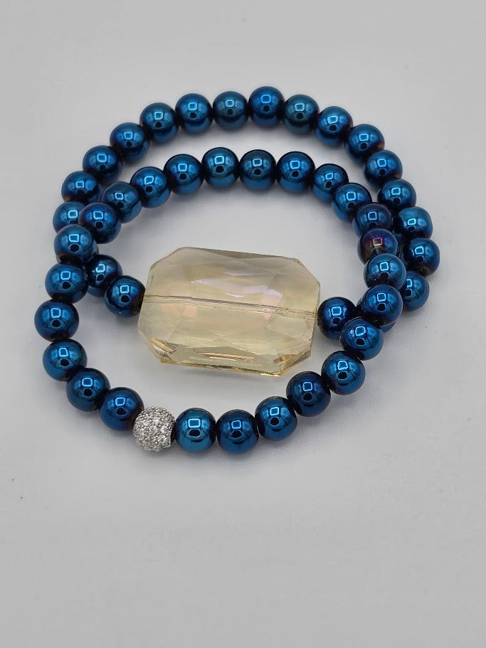 Blue Beaded Crystal Statement Bracelet Set