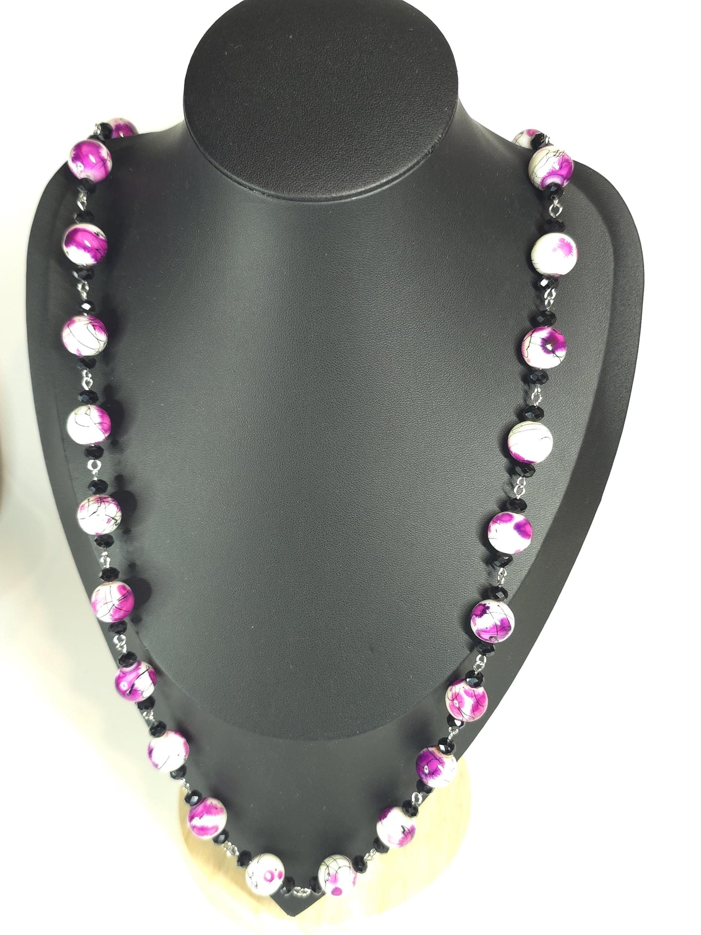 Purple & White Beaded Necklace Set – Handmade Statement Jewelry – One of a Kind Necklace and Earrings