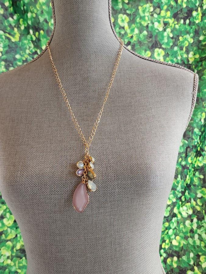 Pink Stone Cluster Pendant Necklace