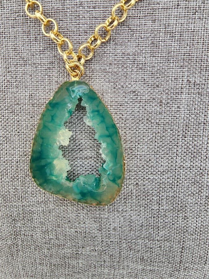Green Resin Geode Pendant Necklace | Gold-Tone Chain, Statement Jewelry