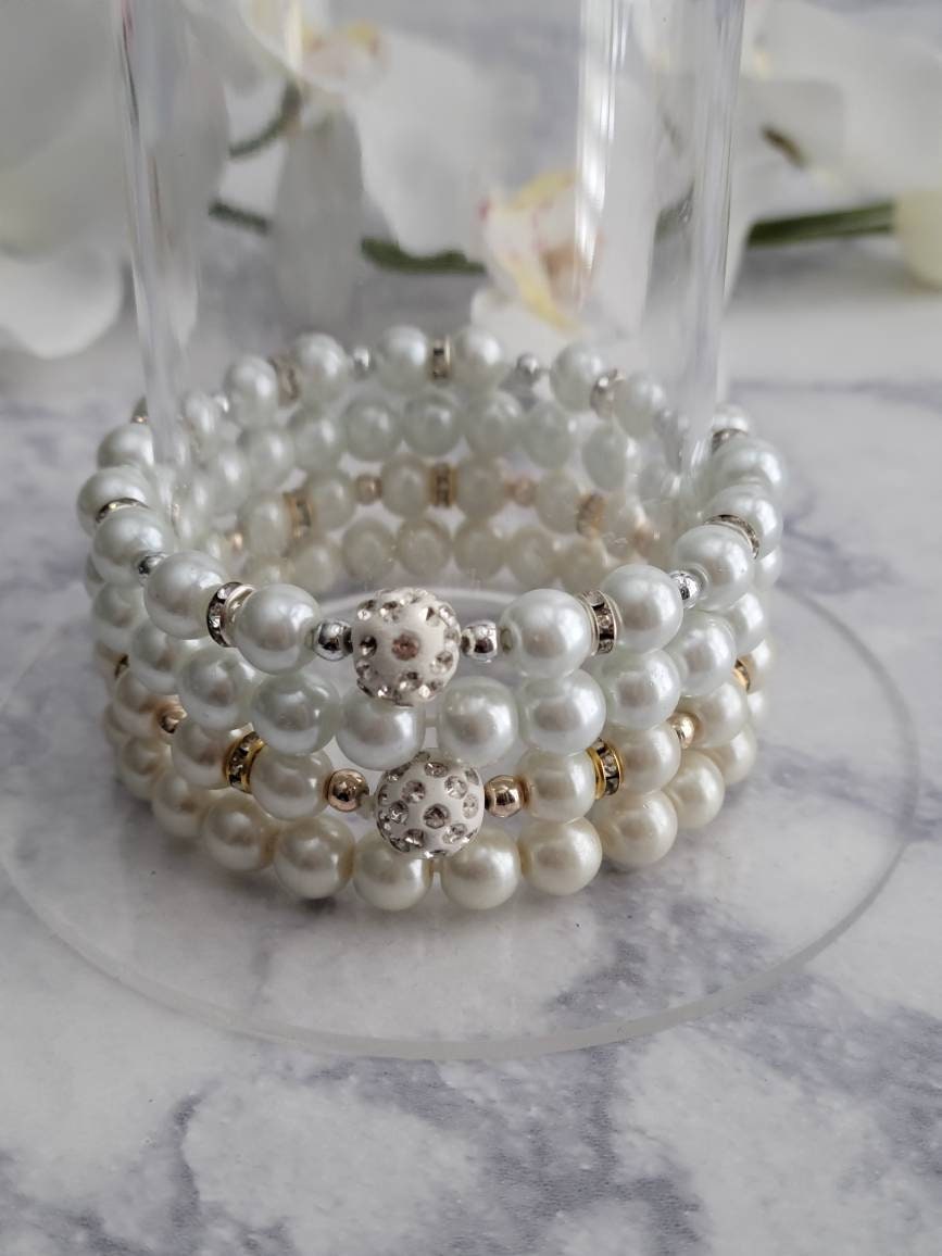 Handmade White Pearl Double Strand Bracelet | Rhinestone Spacers