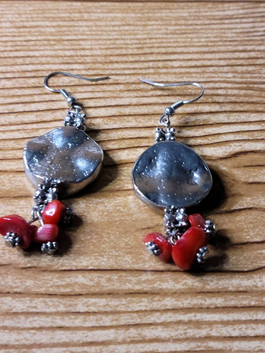 Silver Disc Earrings with Red Chip Beads | Handmade Statement Jewelry | Bold Dangle Earrings