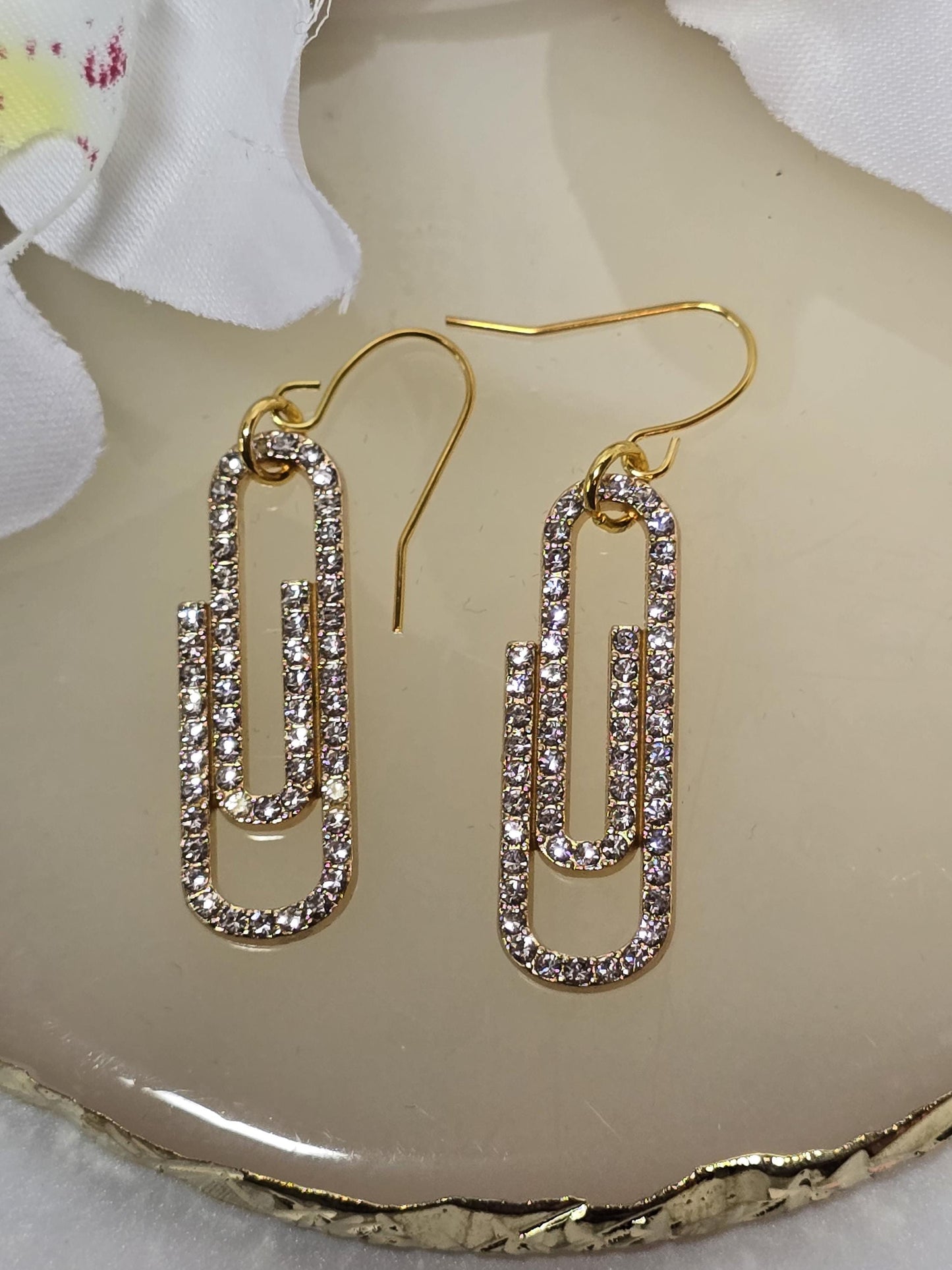 Gold Paperclip Rhinestone Earrings, Modern Sparkle Drop Earrings, Minimalist Glam Jewelry